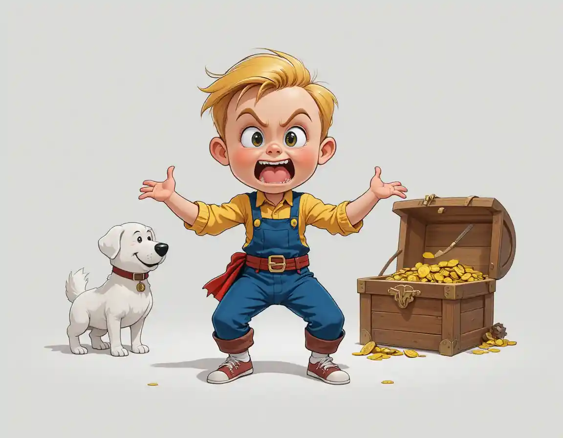 Wütender blondhaariger Junge, der neben einem lächelnden Cartoon-Hund schreit