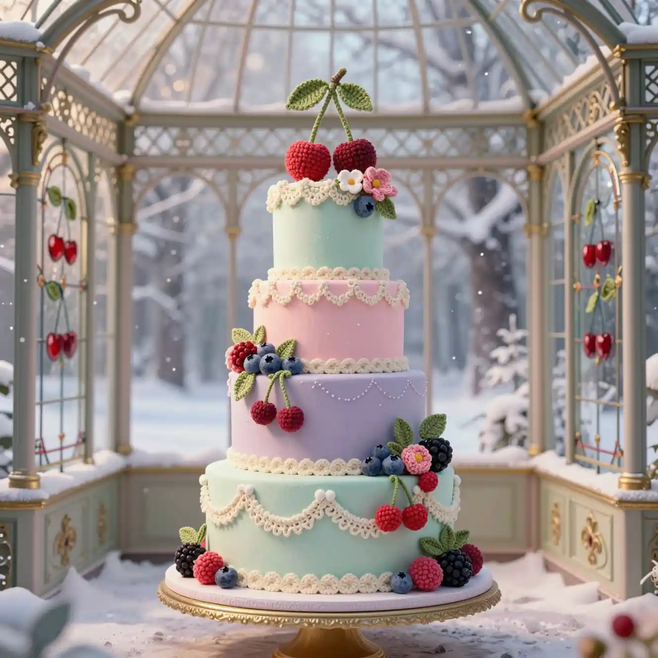 Bolo de frutas vitoriano em crochê em uma suntuosa estufa de inverno