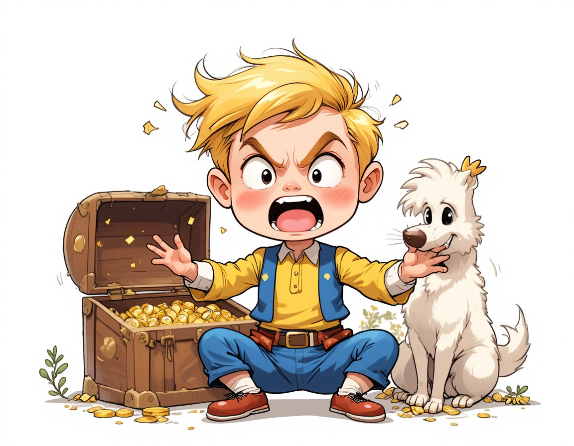 Angry blond boy yelling next to a smiling cartoon dog