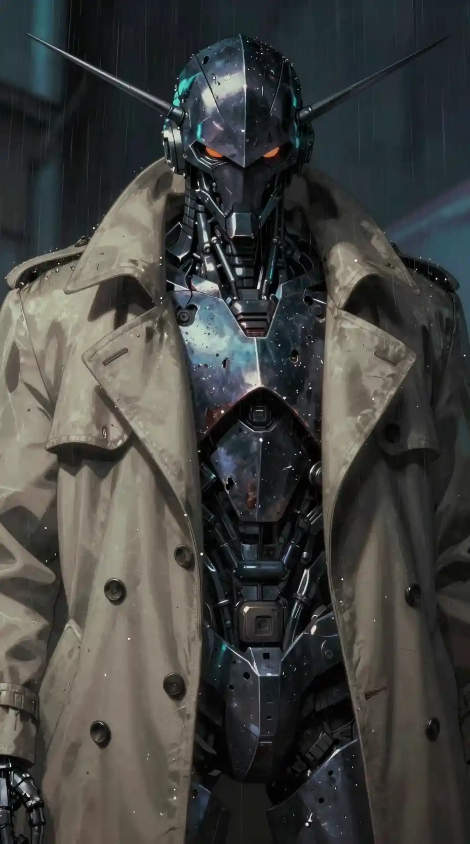 Cinematic close up of a scarred humanoid robot in trench coat