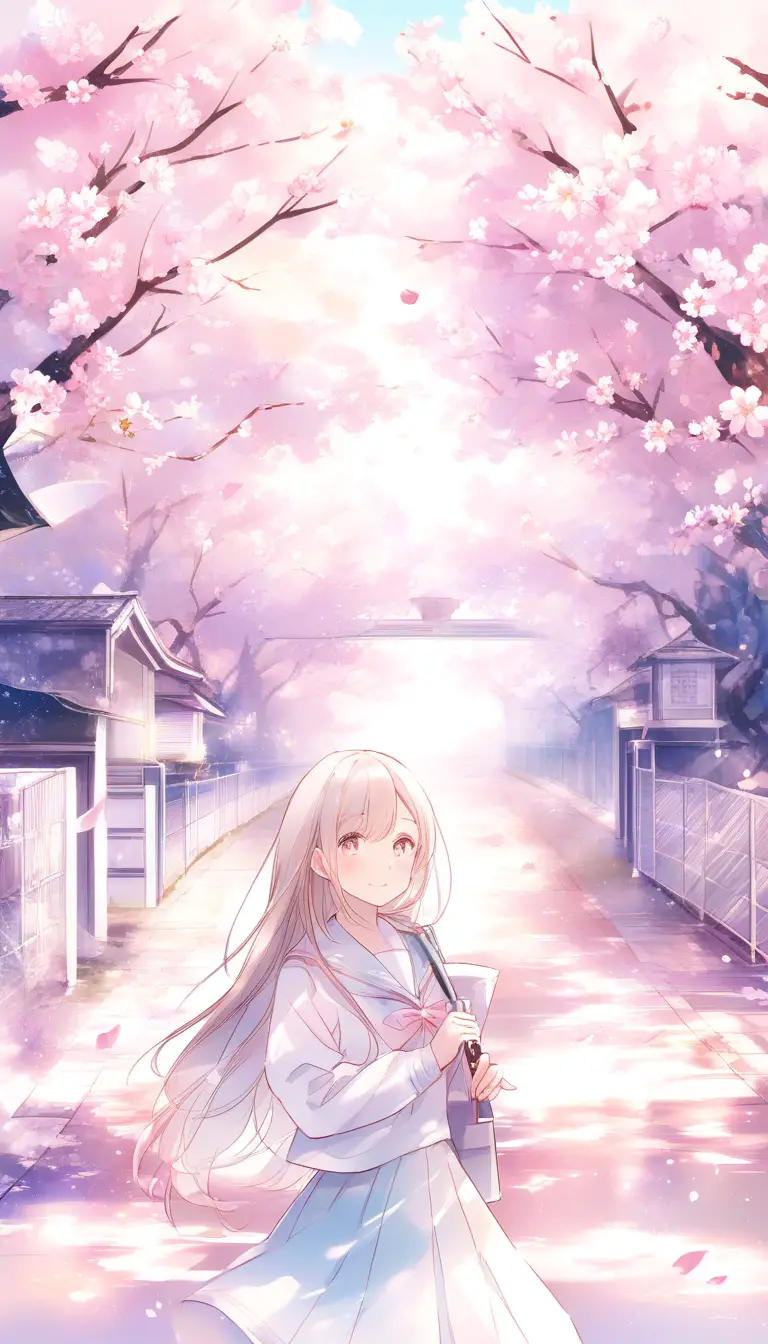 Anime schoolgirl at cherry blossom graduation scene
