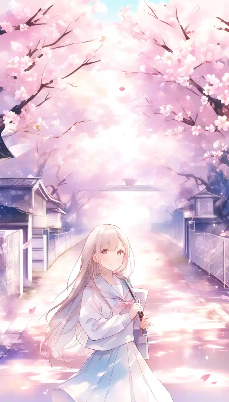 Anime schoolgirl at cherry blossom graduation scene