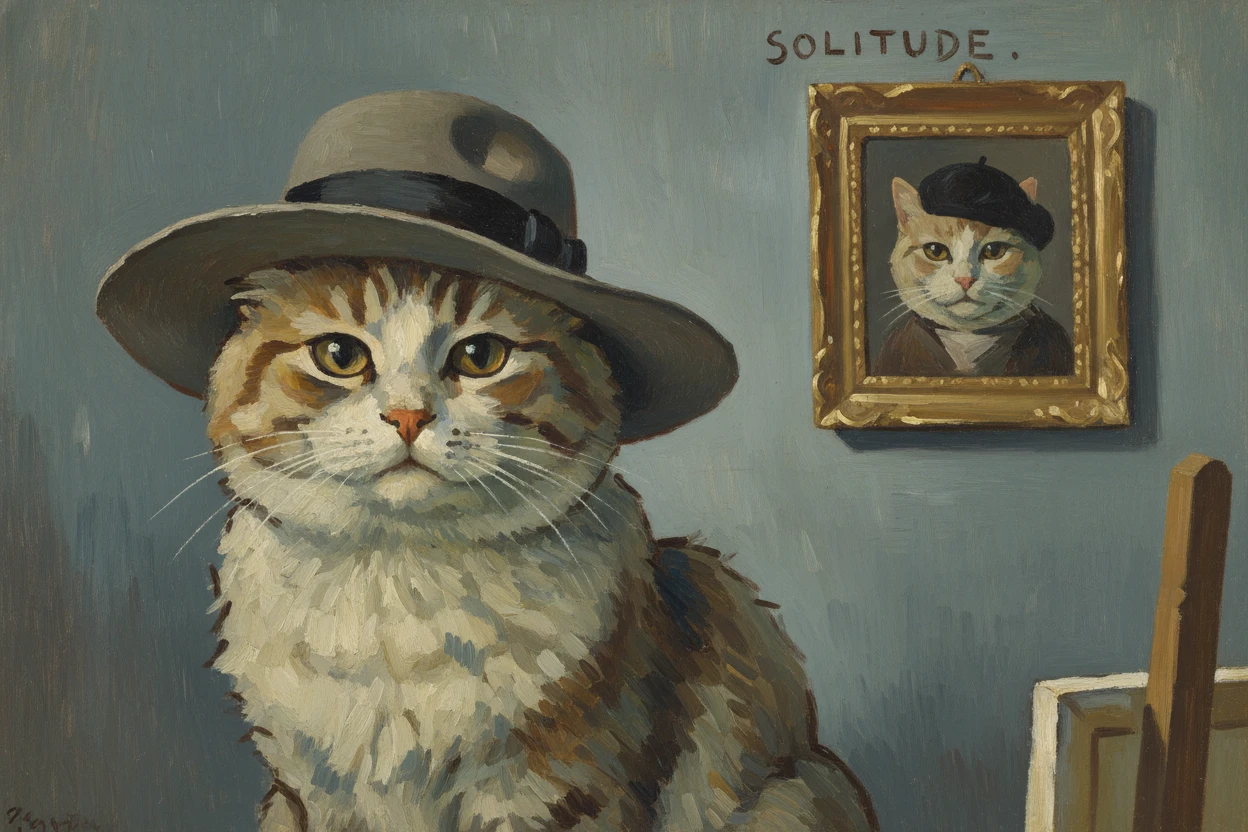 Melancholisches Katzenporträt mit grauem Hut vor blauer Wand
