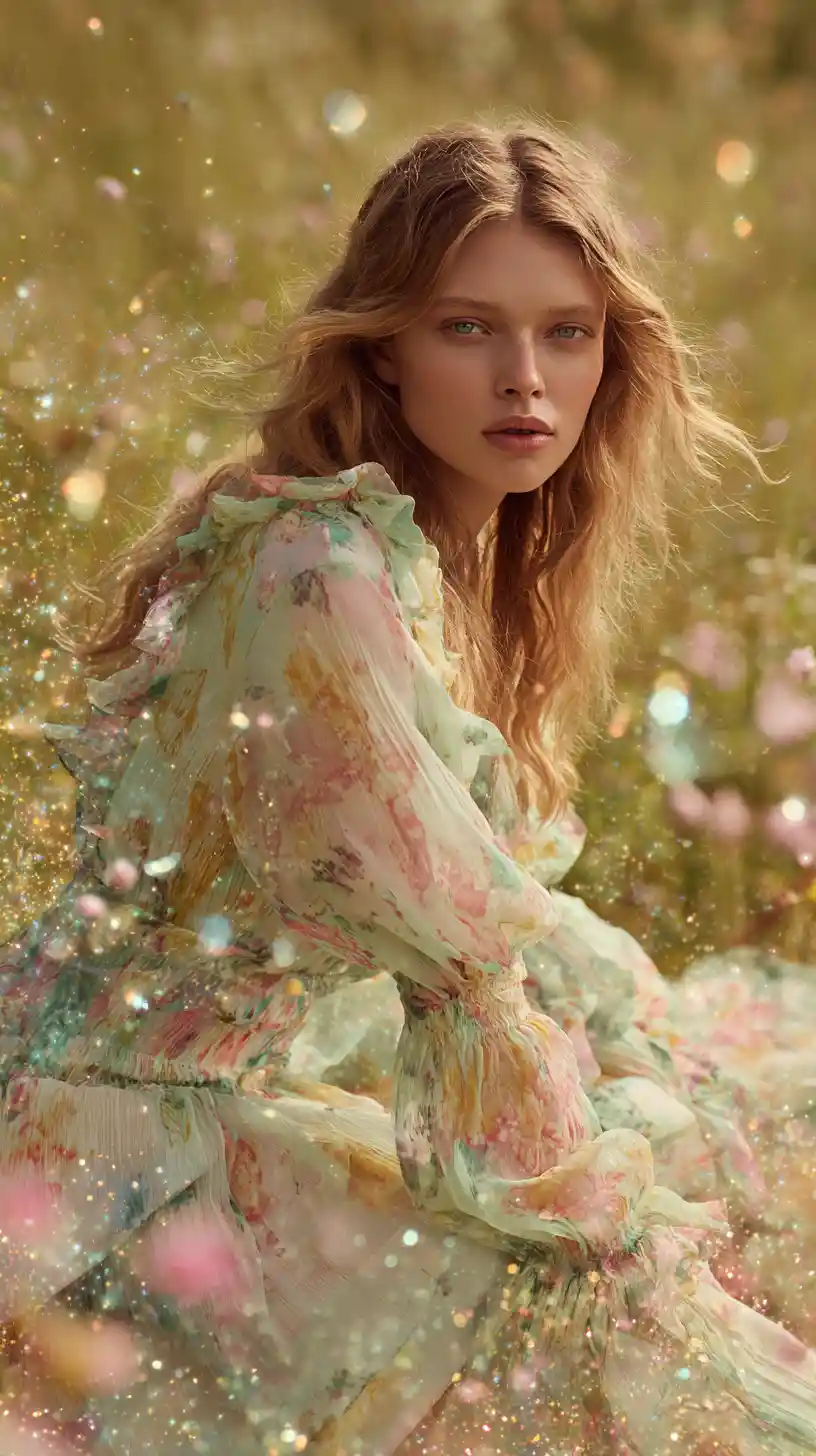 Woman in pastel floral dress on spring meadow
