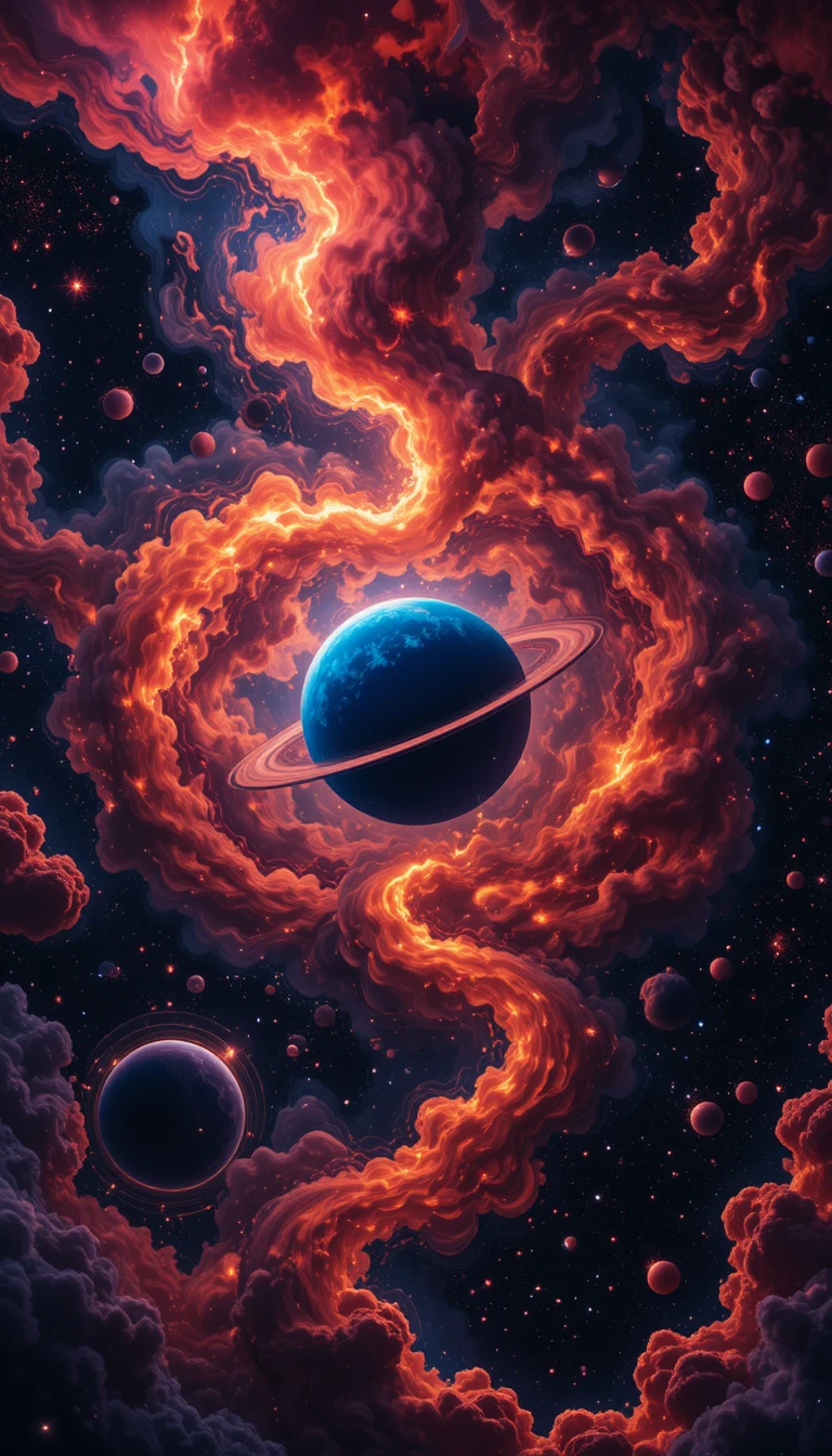 Ringed Blue Planet Framed By Fiery Cosmic Nebula