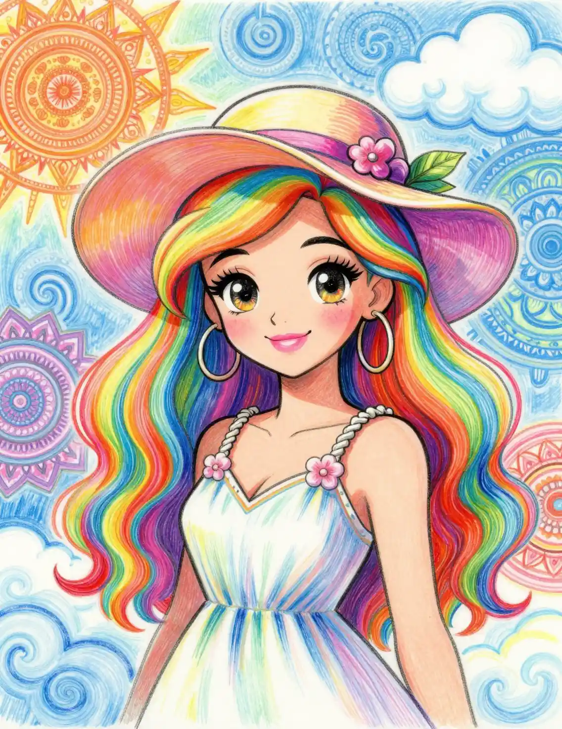 Principessa dai capelli arcobaleno in un colorato ritratto da fiaba