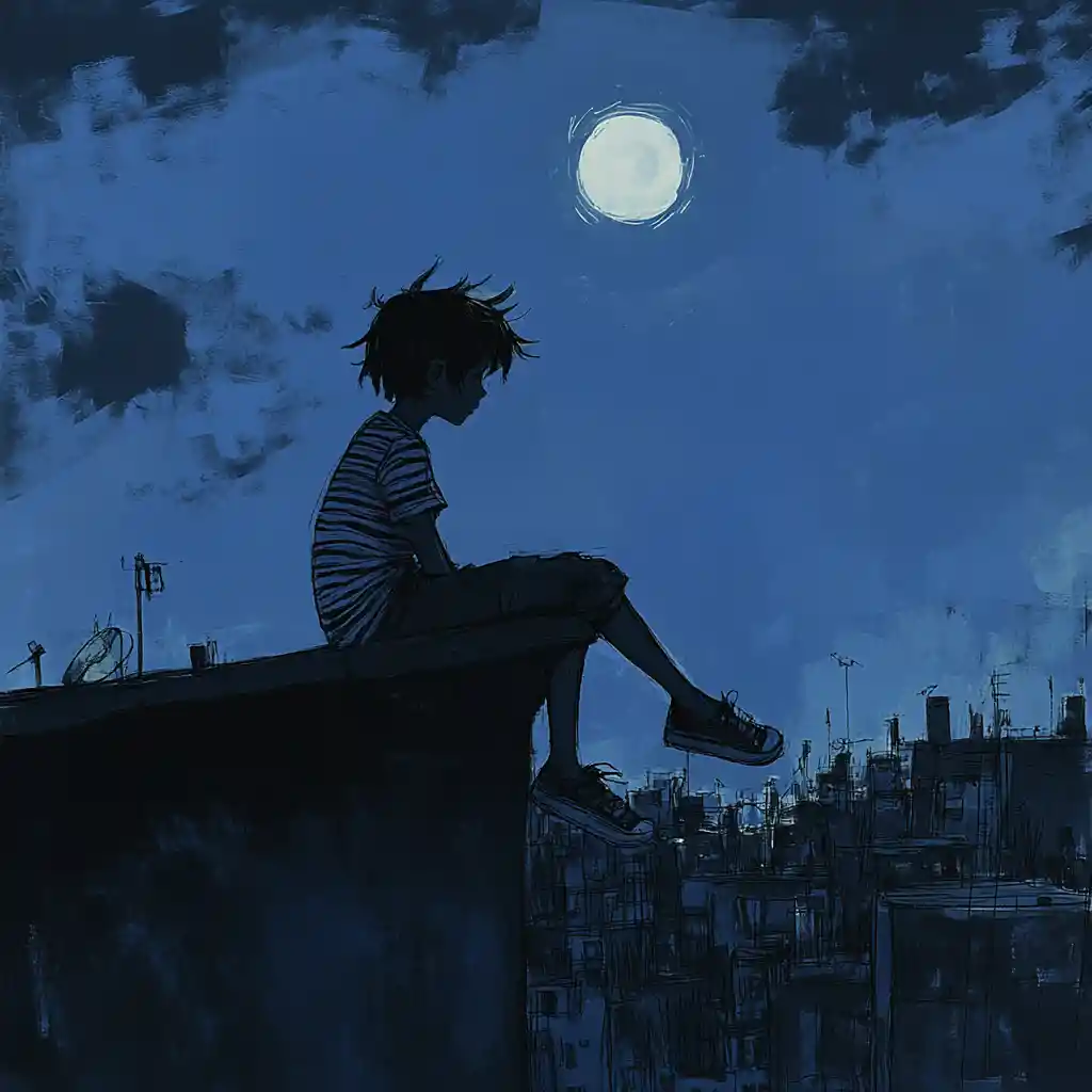 Ragazzo seduto sul bordo del tetto sotto un cielo cittadino illuminato dalla luna