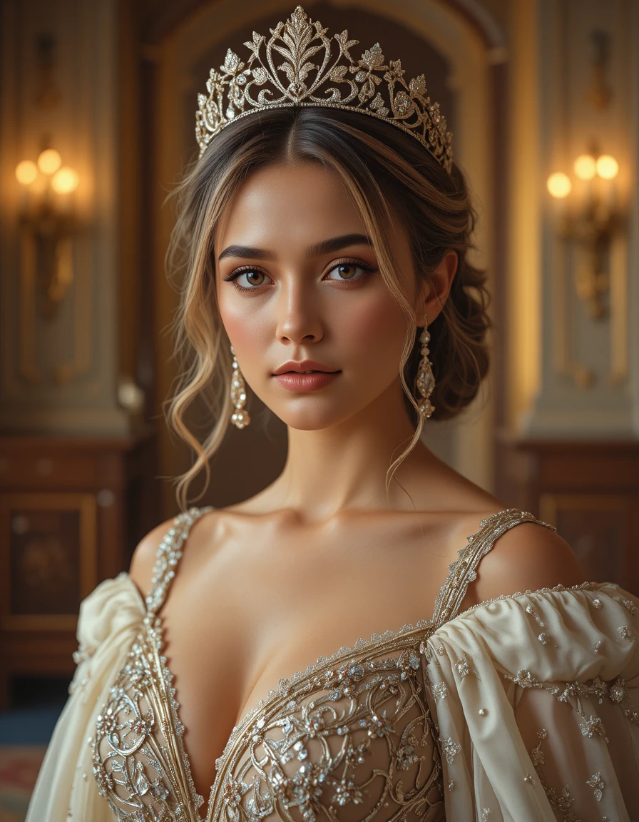 Elegant royal woman in crown inside a grand palace