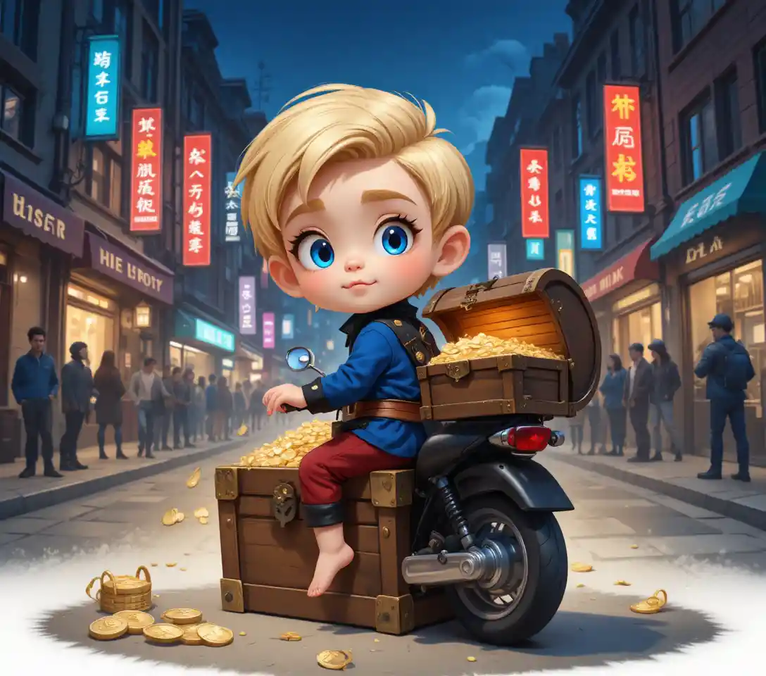 Blonde woman in black fashion on motorcycle at neon street