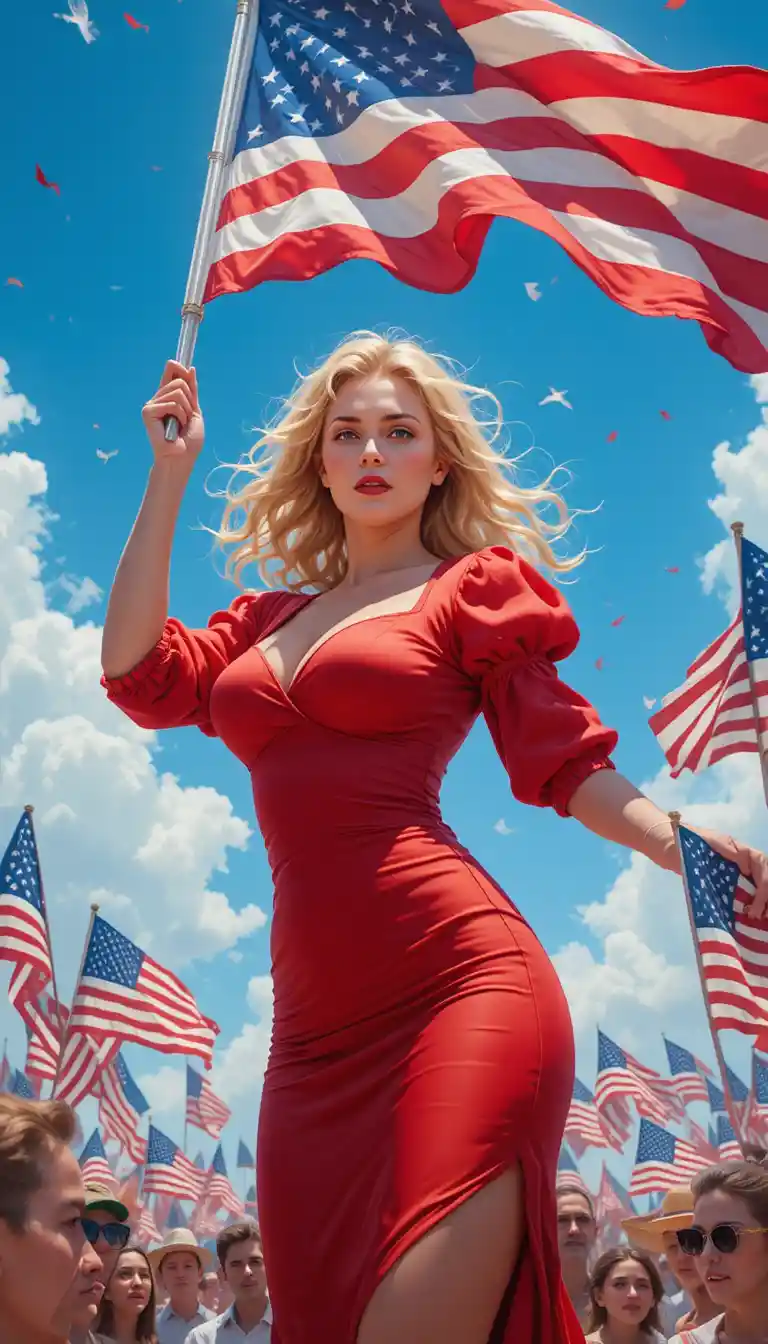 Mujer rubia con vestido rojo levantando una bandera sobre la multitud