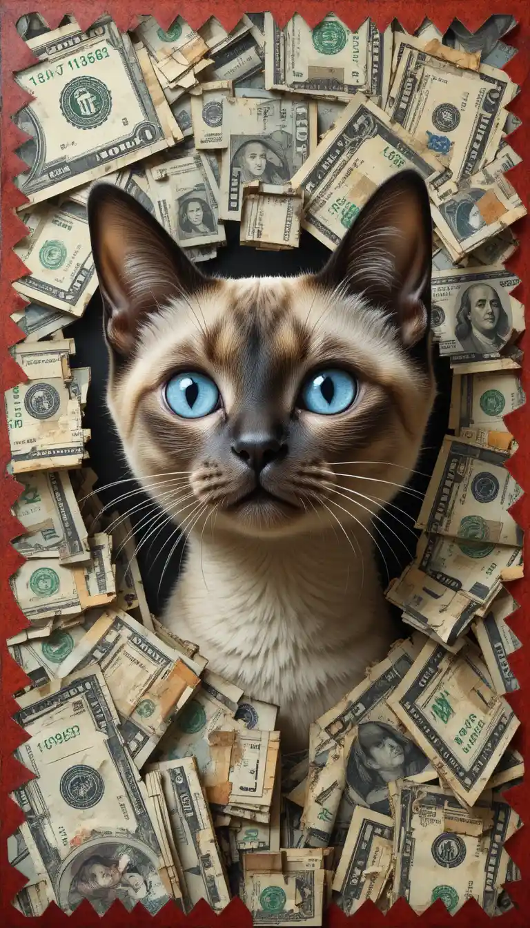 Siamese cat emerging from dollar bill collage artwork