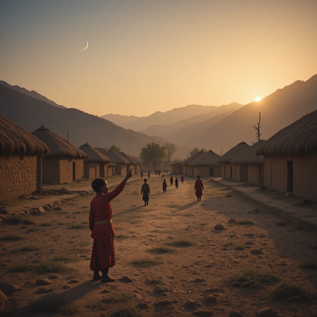 Tribal village children playing under an Eid crescent moon