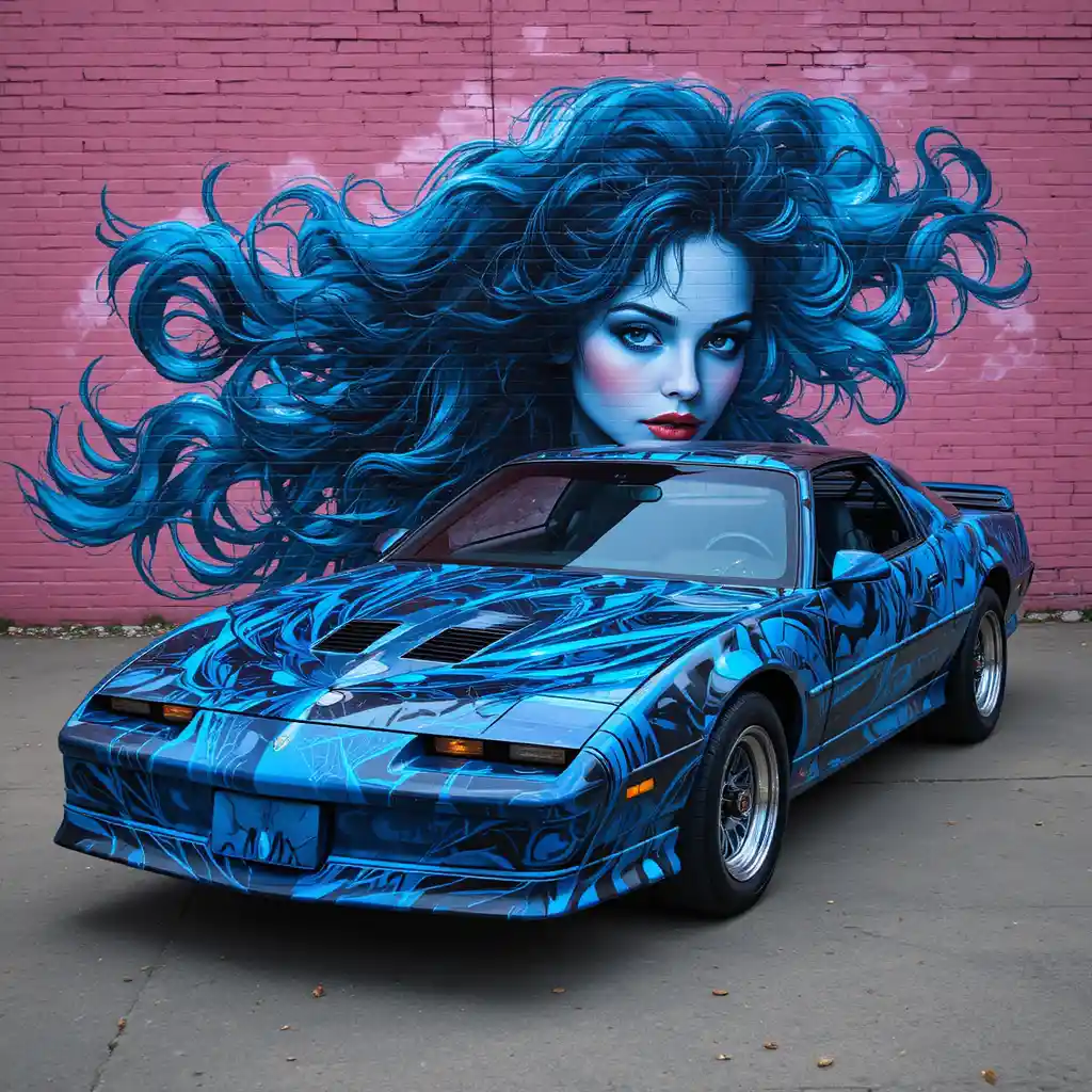 Pontiac Firebird mit Wandgemälde und fließendem blauem Porträt auf der Motorhaube