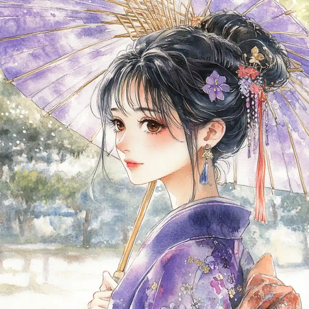 Anime woman in kimono walking with parasol in garden