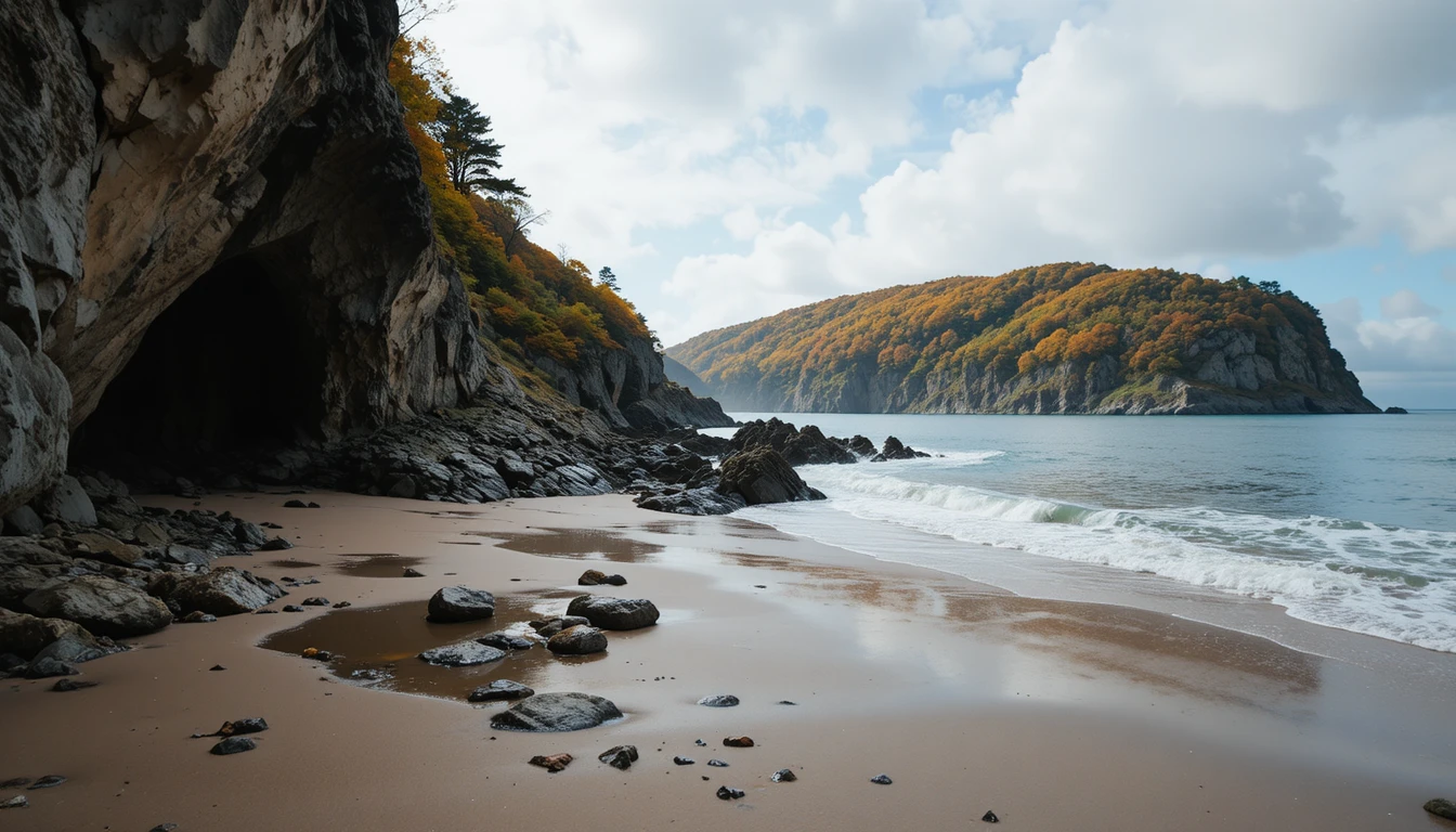 Serene secluded beach beneath rugged coastal cliffs