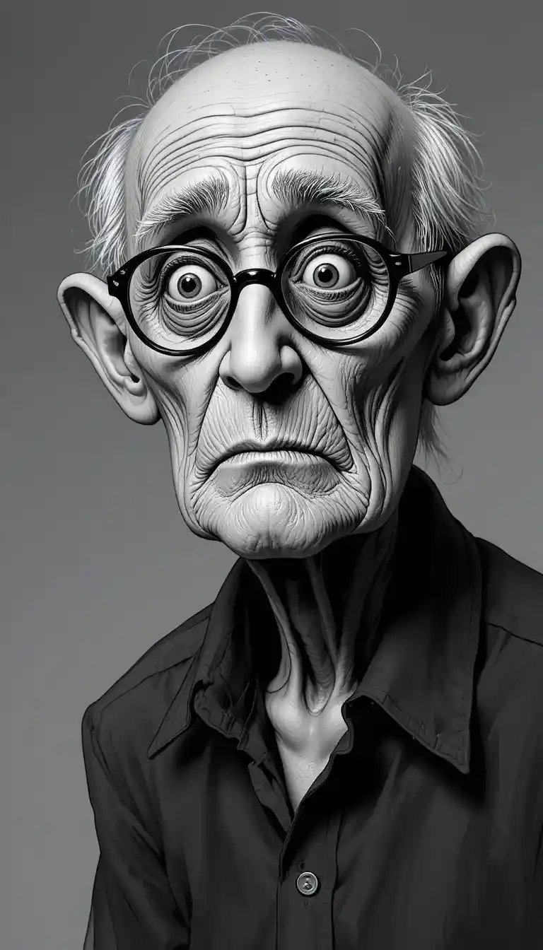 Retrato digital em preto e branco de um senhor com olhos grandes