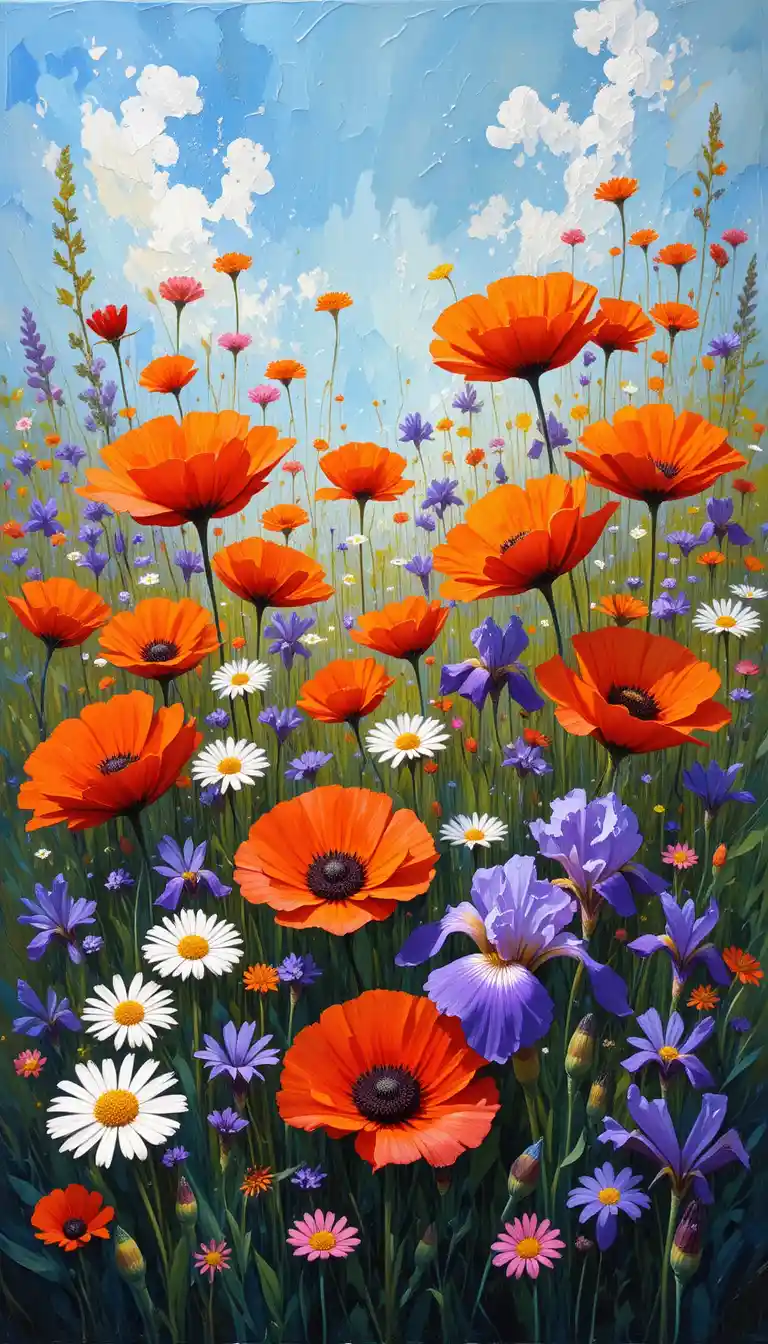 Lebendiges Ölgemälde von Wildblumen in einer sonnendurchfluteten Wiese