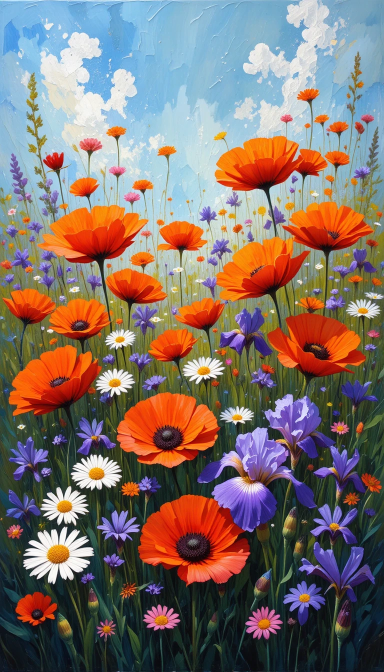Lebendiges Ölgemälde von Wildblumen in einer sonnendurchfluteten Wiese