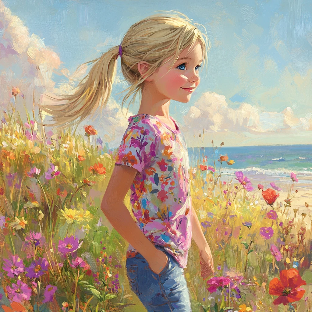 Lächelndes Mädchen geht zwischen Frühlingsblumen am Strand