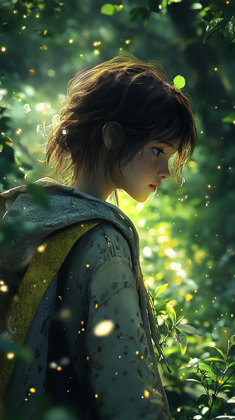 Anime girl in forest with glowing ethereal light