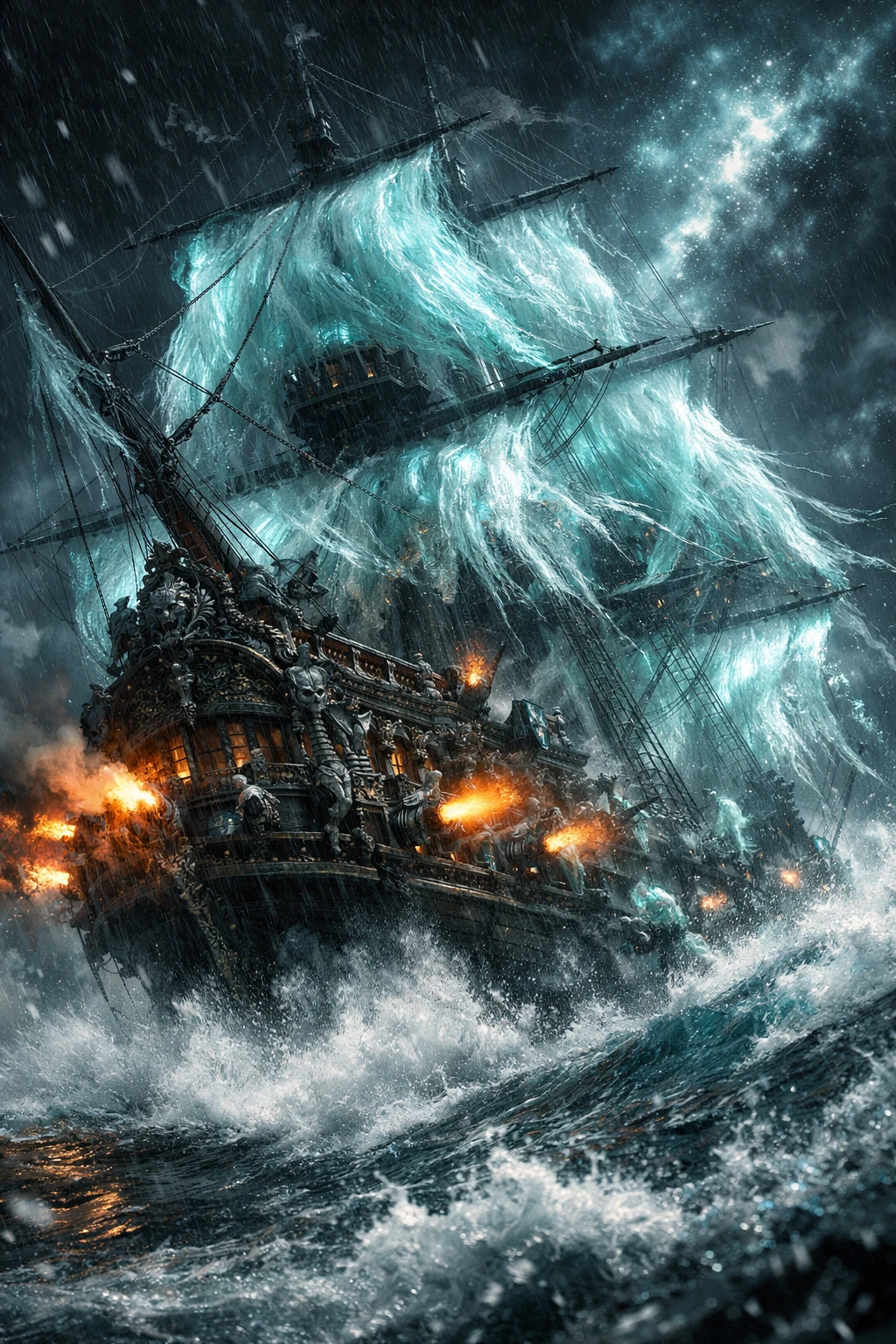 Geister-Piratenschiff kämpft in stürmischer Nachtsee