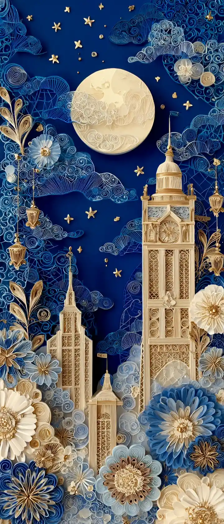 French paper cityscape under a glowing moonlit sky