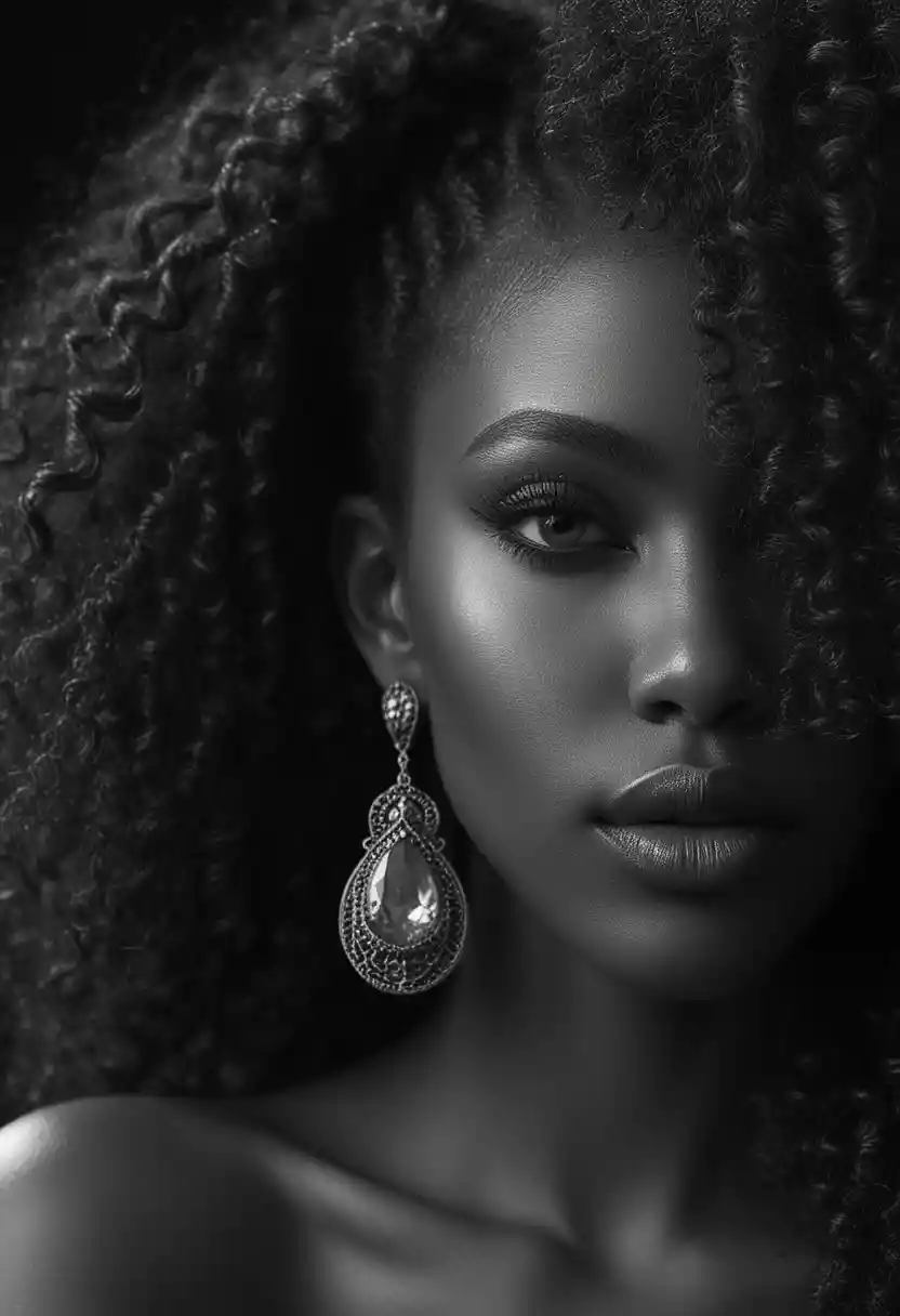 Black and white portrait of a woman with afro hair
