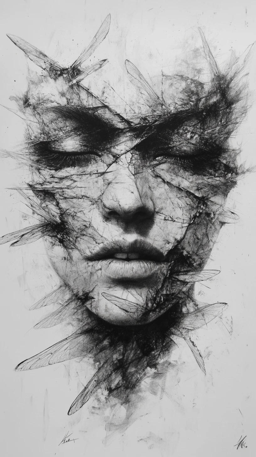 Femme surréaliste aux yeux de libellule dans un portrait enflammé en techniques mixtes