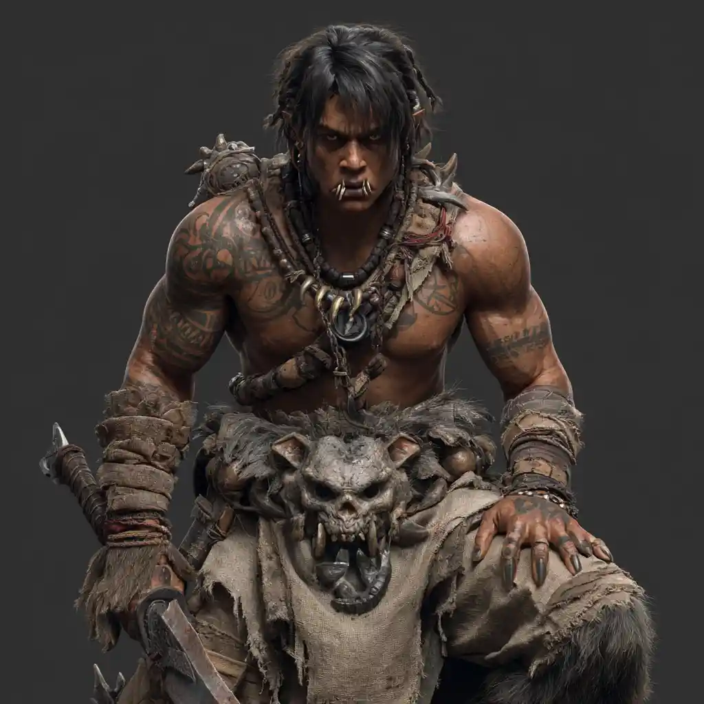 Barbaro dark fantasy con tratti bestiali e tatuaggi