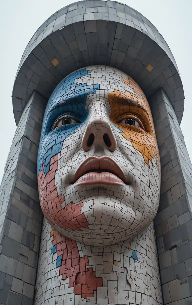 Scultura monumentale a torre in cemento con volto umano geometrico