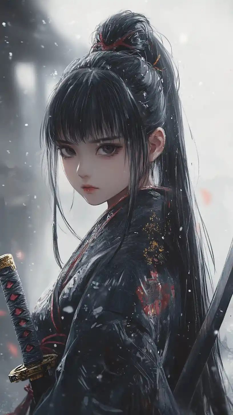 Ragazza samurai in kimono nero davanti a un tempio giapponese avvolto nella nebbia