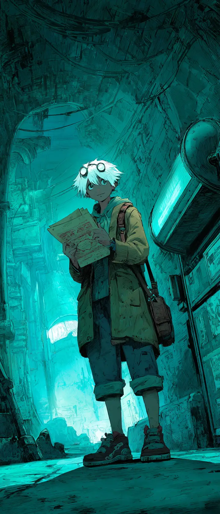 Exhausted anime mailman in dystopian ruined city street