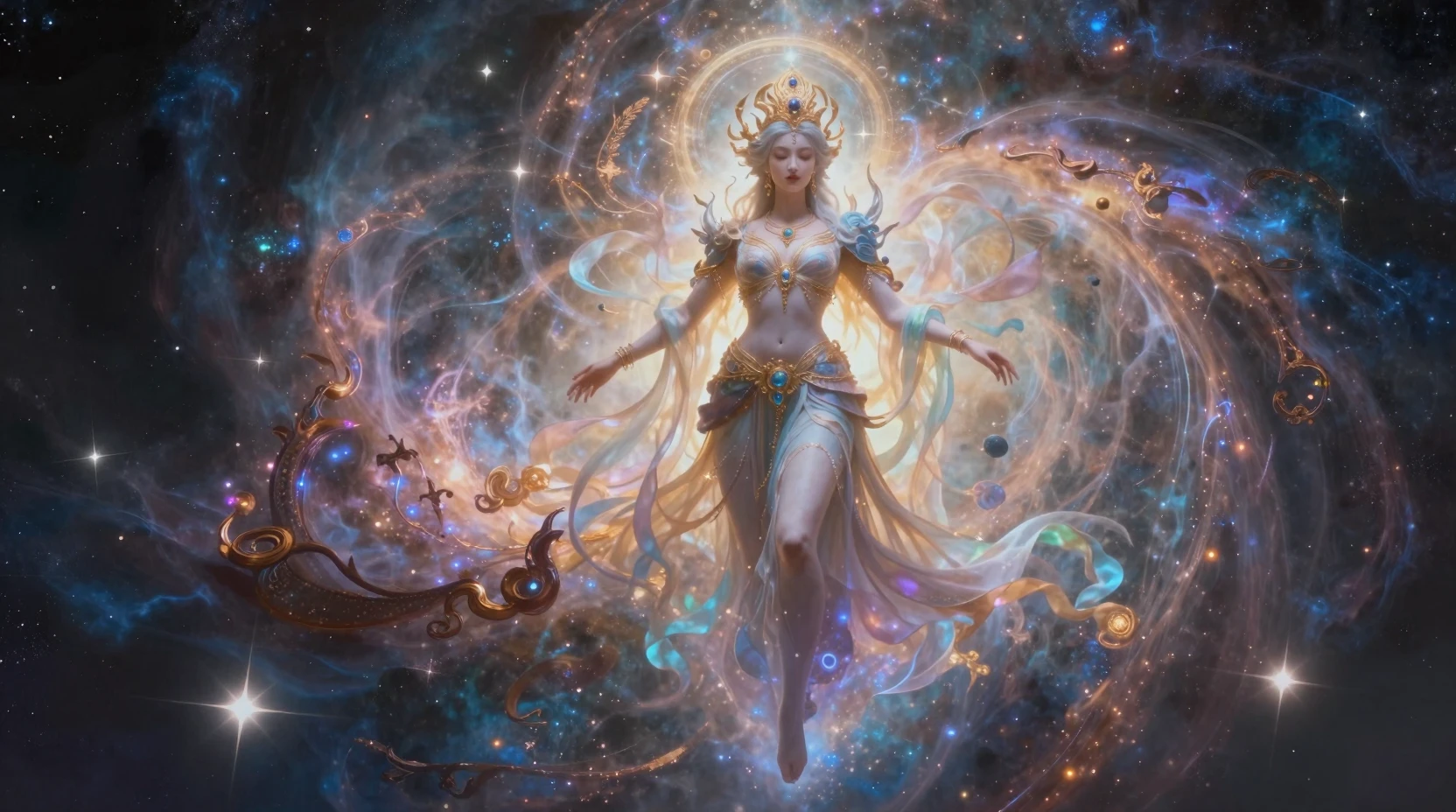 Regina celestiale fluttua sopra una luminosa nebulosa cosmica