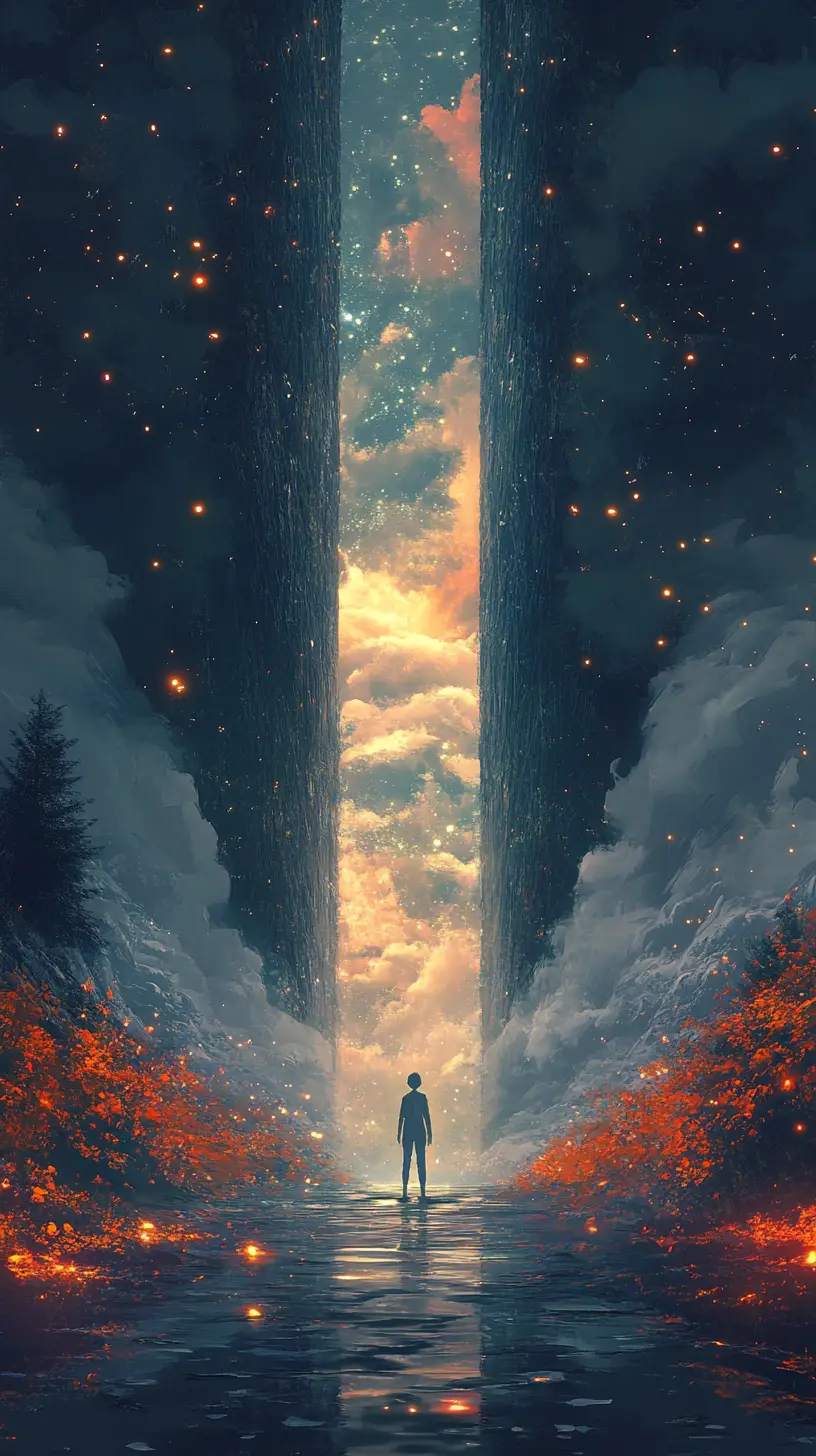 Lone figure before a glowing portal over mirrored sky