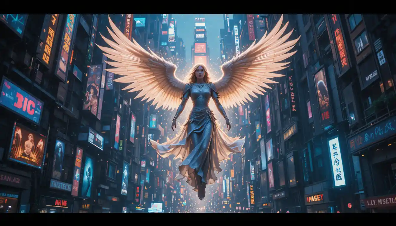 Ethereal angel descending over a neon futuristic metropolis