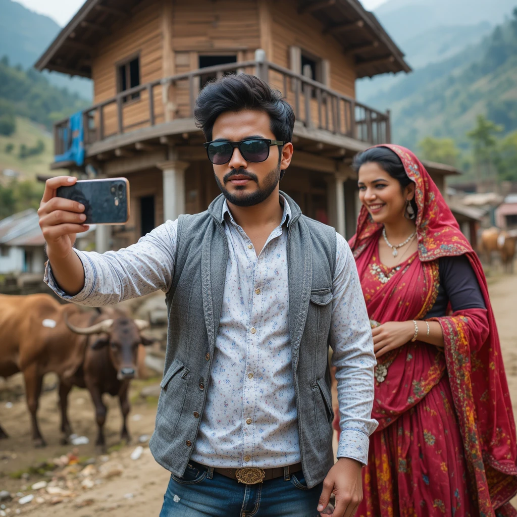 Giovane che filma un momento giocoso in un villaggio garhwali