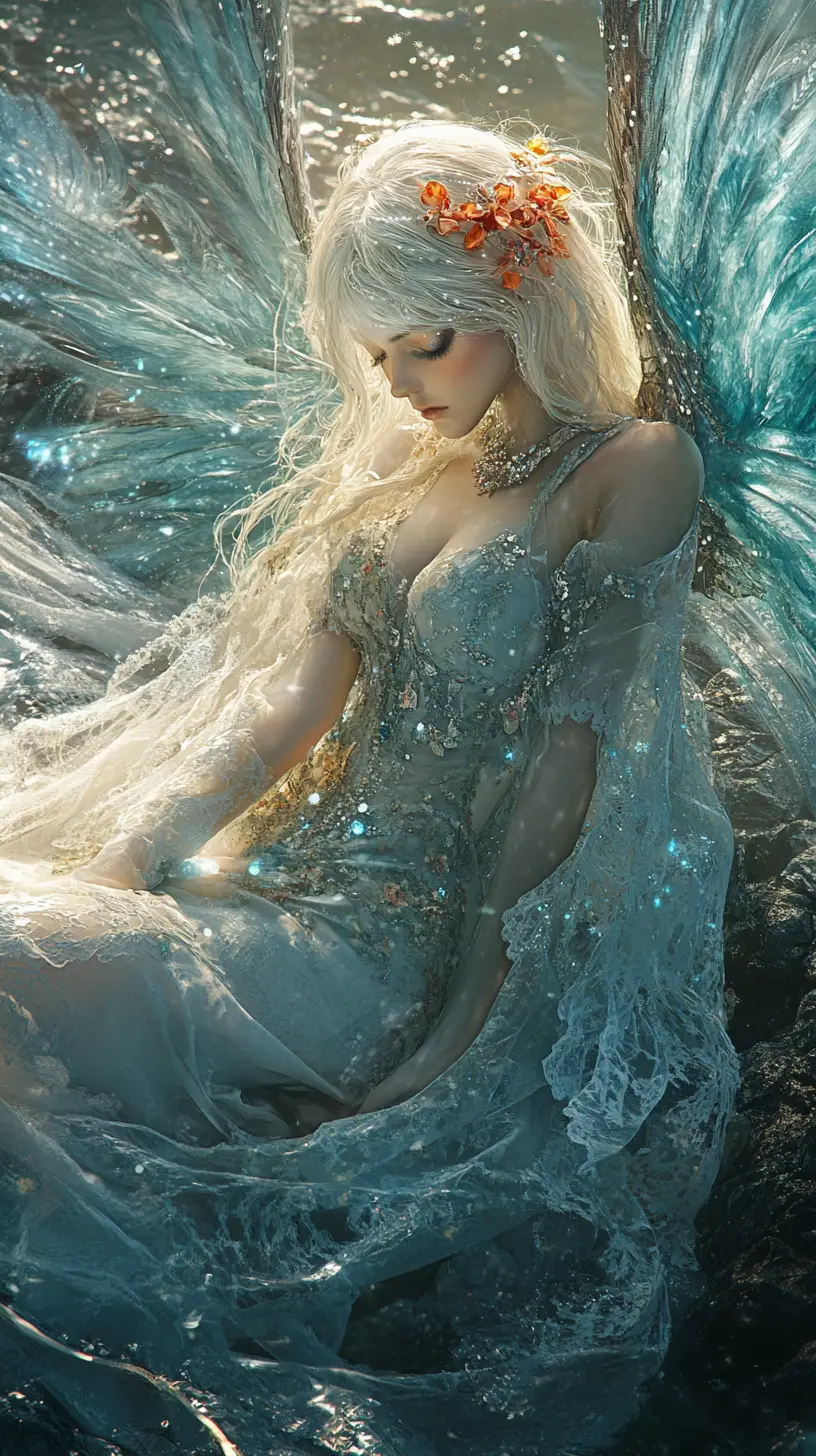 Ethereal angel reclining on a rocky shore at sunset