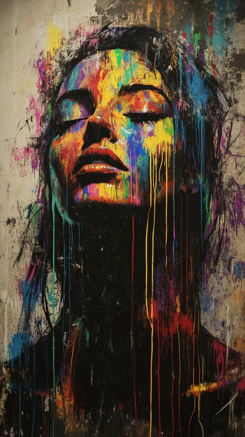 Ritratto colorato di street art di un murale con donna serena