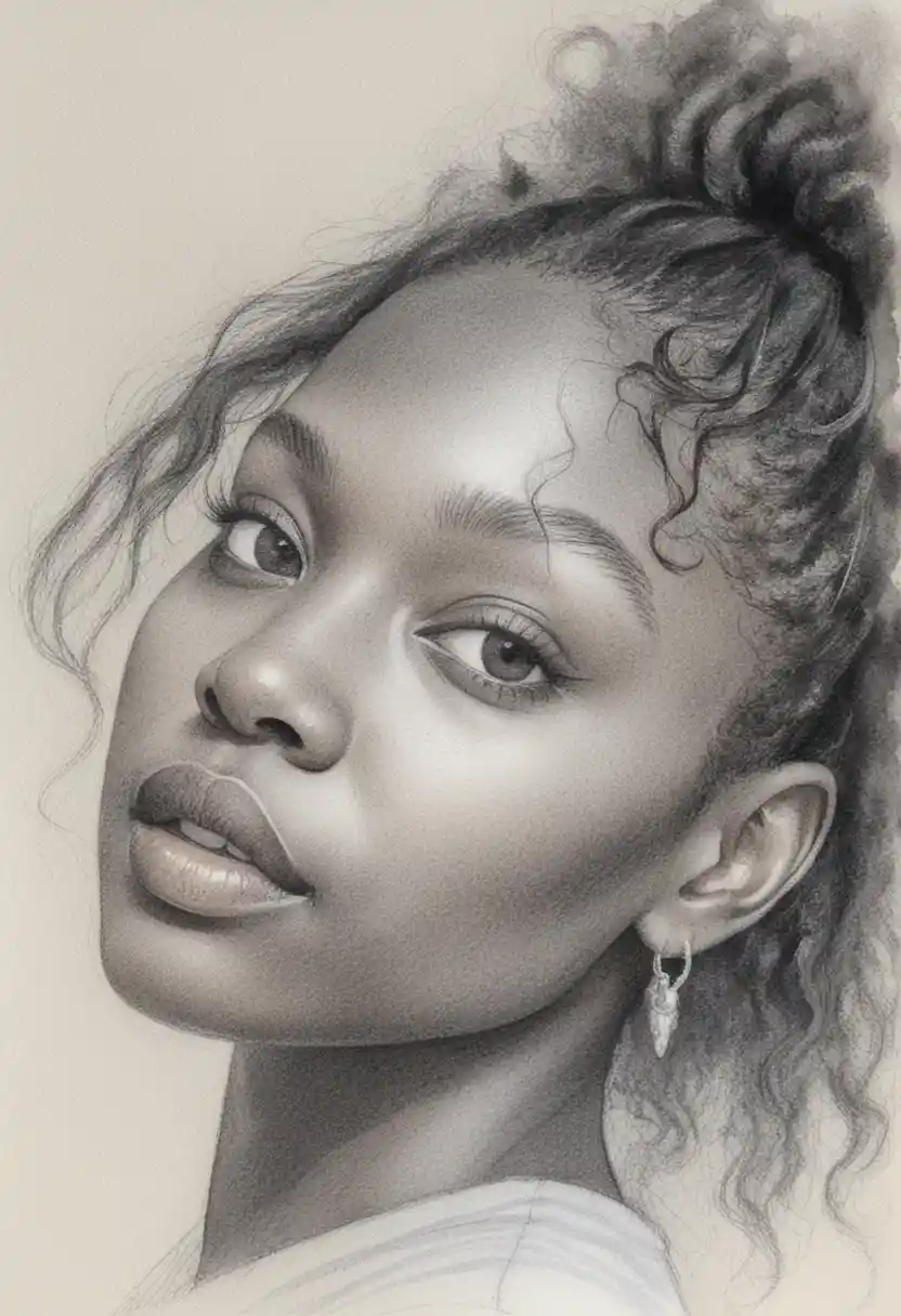 Graphite portrait of a young black woman looking upward