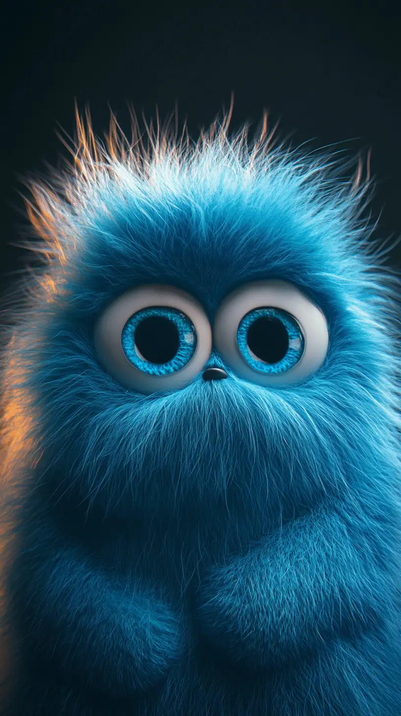 Blue fluffy monster portrait with glossy sad eyes