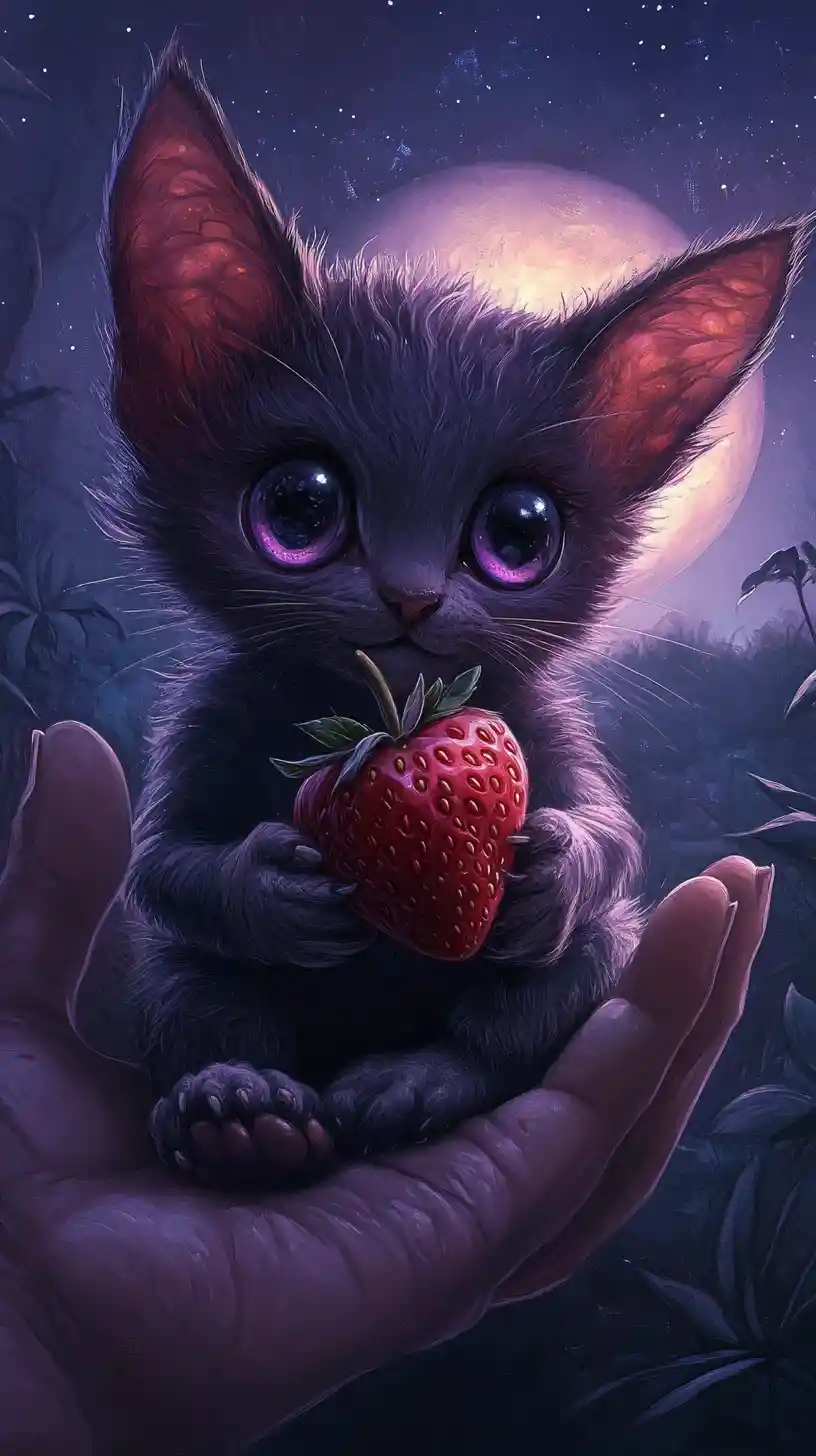 Cute fantasy creature in human hand holding strawberry