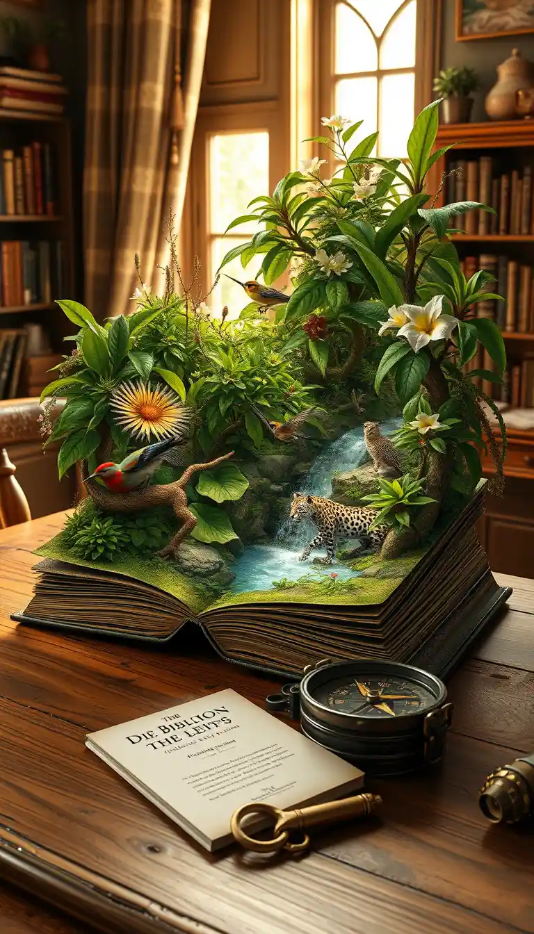 Antico libro che si apre su una rigogliosa foresta pluviale tropicale