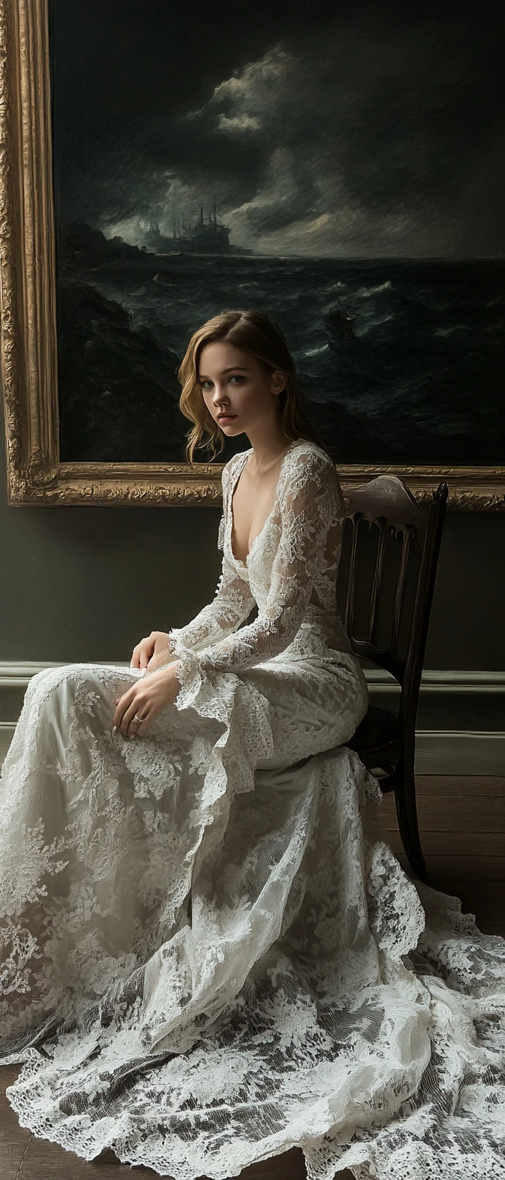 Bride in lace gown seated by stormy seascape painting