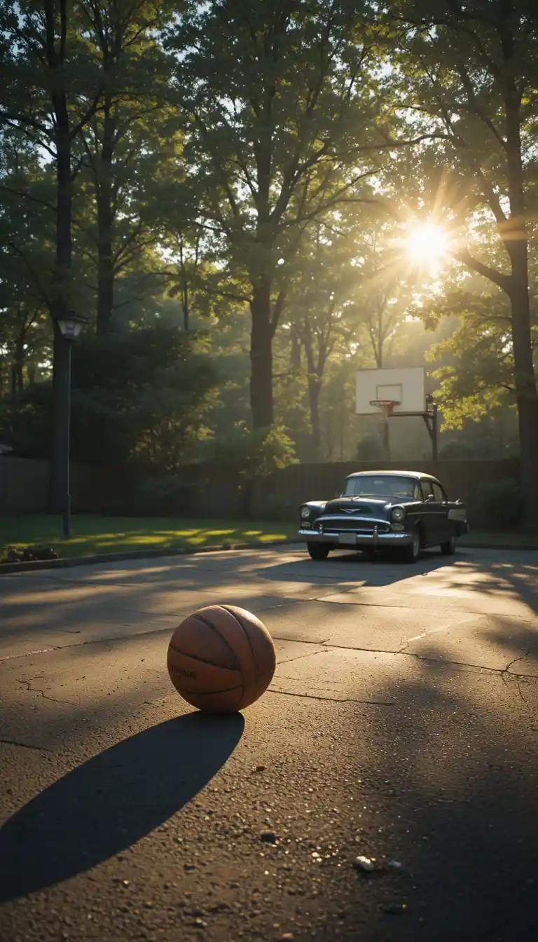 Vorstadteinfahrt im Hinterhof mit Auto und einsamem Basketball