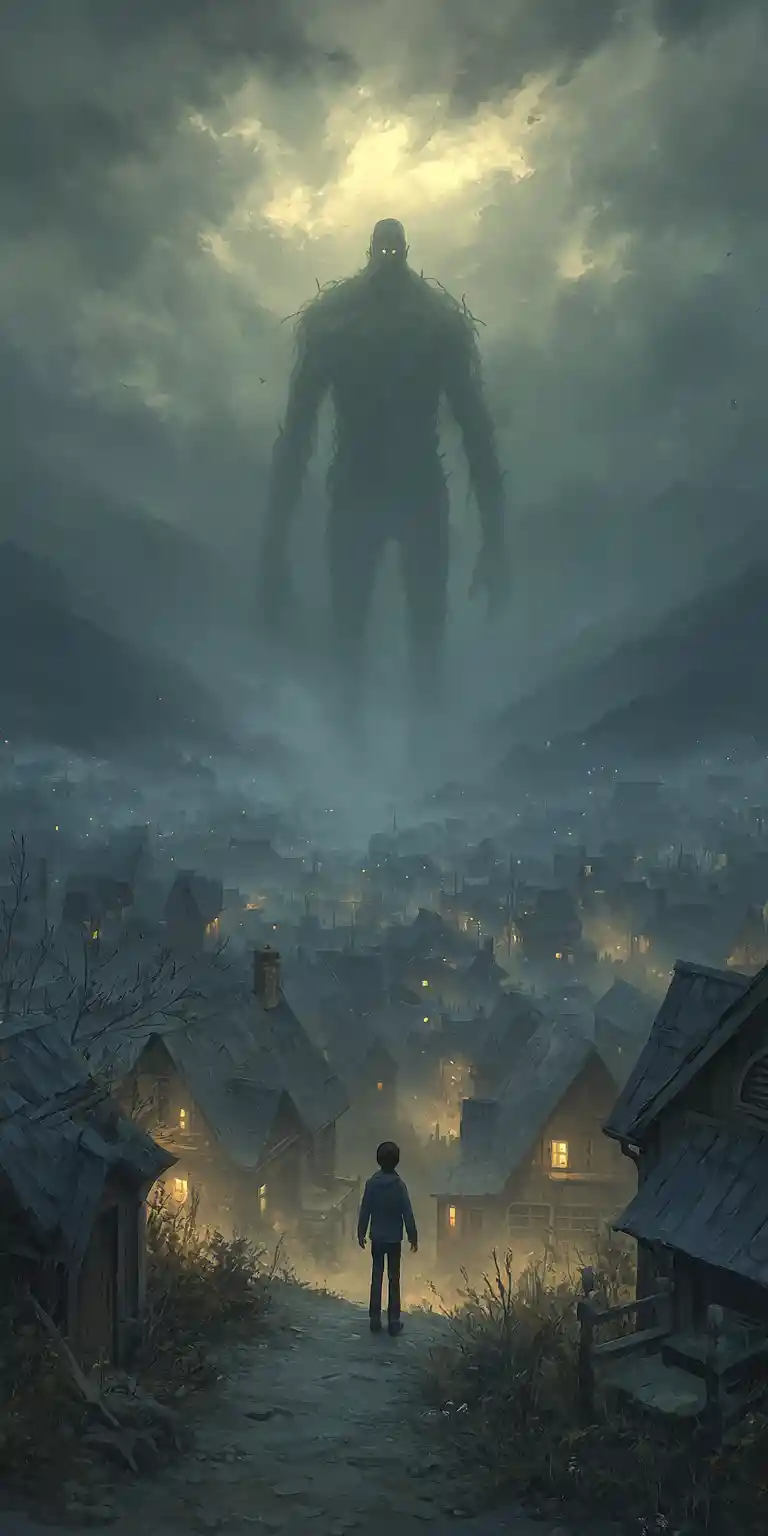 Monstruo colosal sobre un pueblo nocturno envuelto en niebla