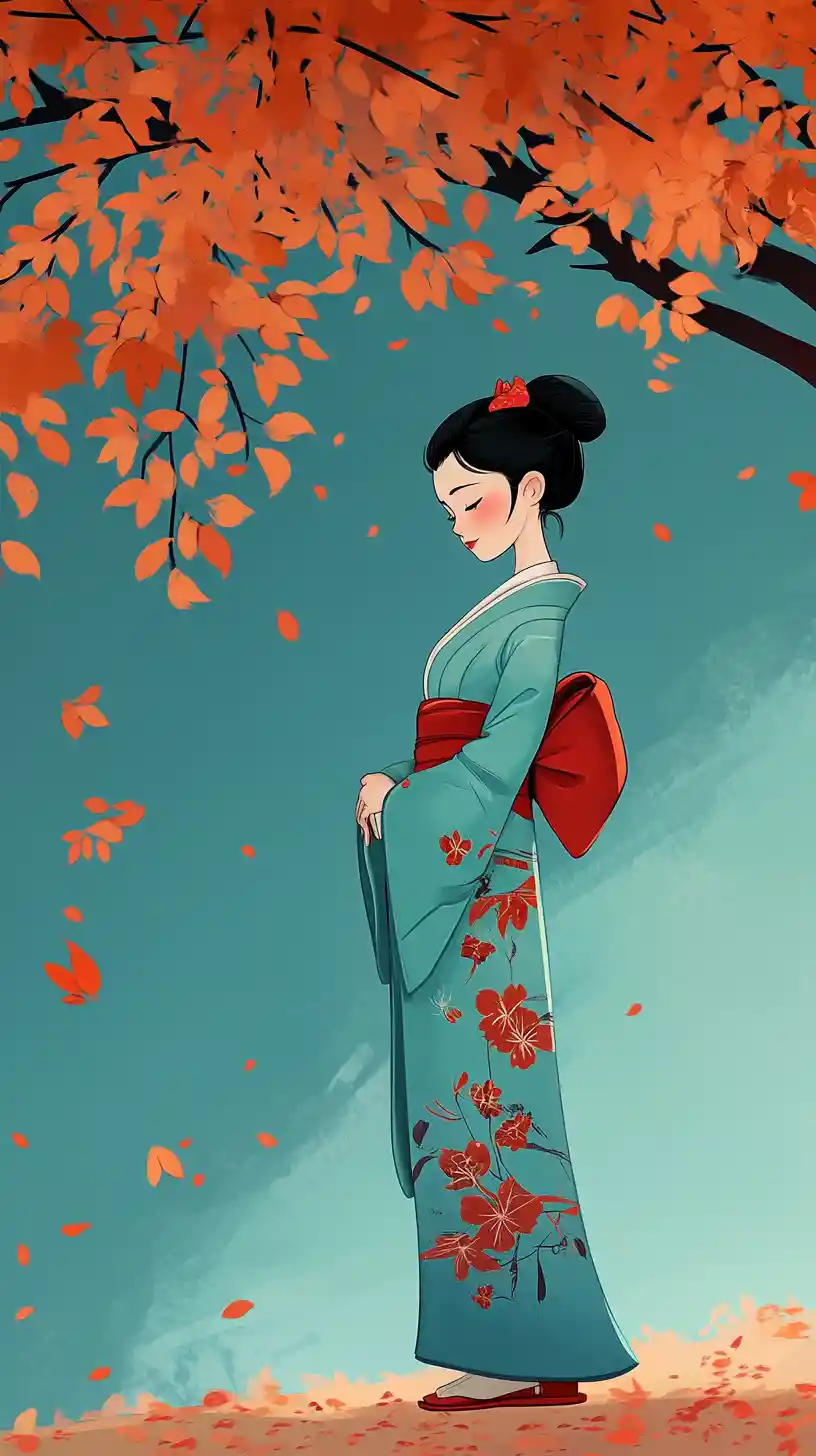 Japanese woman in teal kimono under autumn tree
