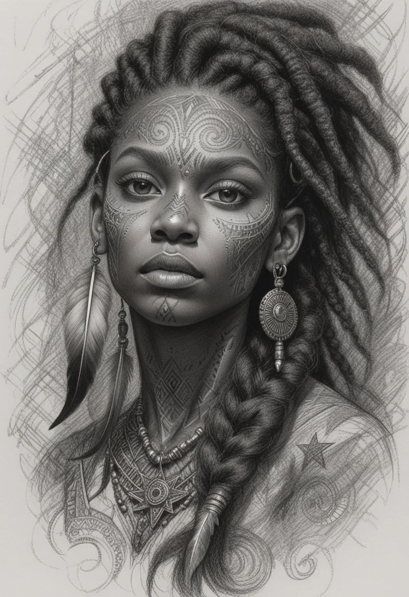 Retrato místico de guerrera tribal en dibujo al carbón