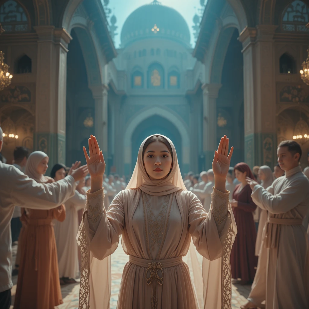 Girl praying with raised hands in a peaceful mosque glow