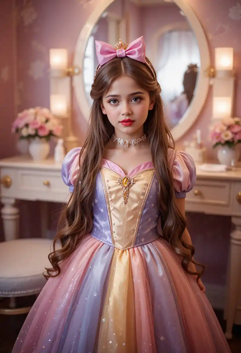 Young boy in princess dress posing at Disneyland vanity