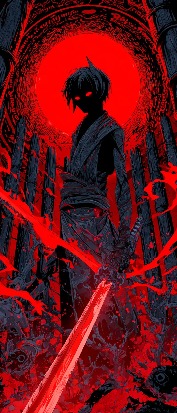 Anime blade master in bamboo grove under blood moon